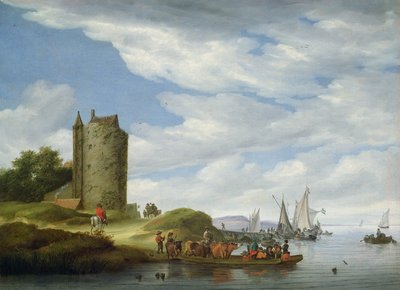 Riviermonding met wachttoren door Salomon van Ruisdael or Ruysdael